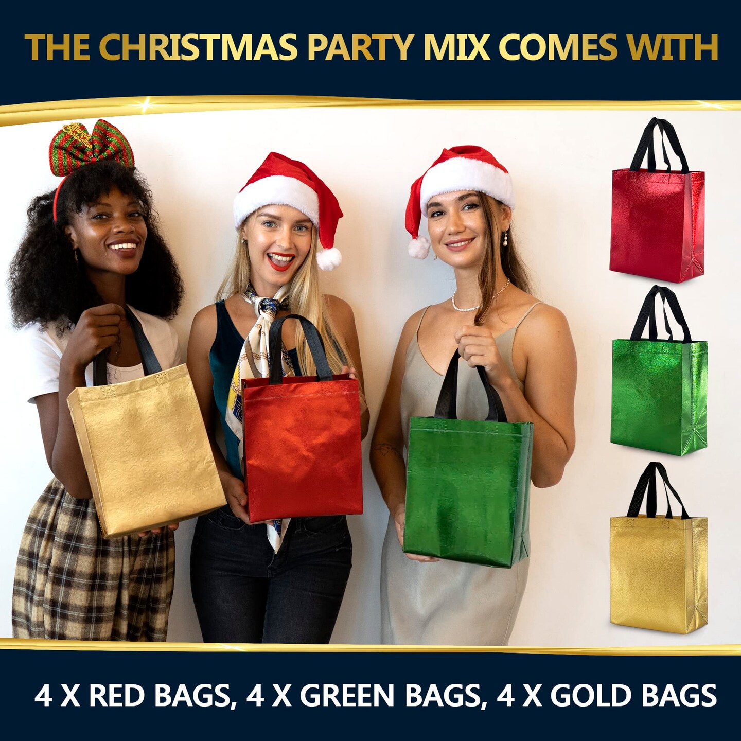 Nush Nush Christmas Gift Bags Medium Size - Set of 12 Reusable Christmas Bags for Gifts (4 Each of Red, Green and Gold Colors) - Perfect for Holiday Gifts, Presents, Party Favor, Thanksgiving - 8x4x10