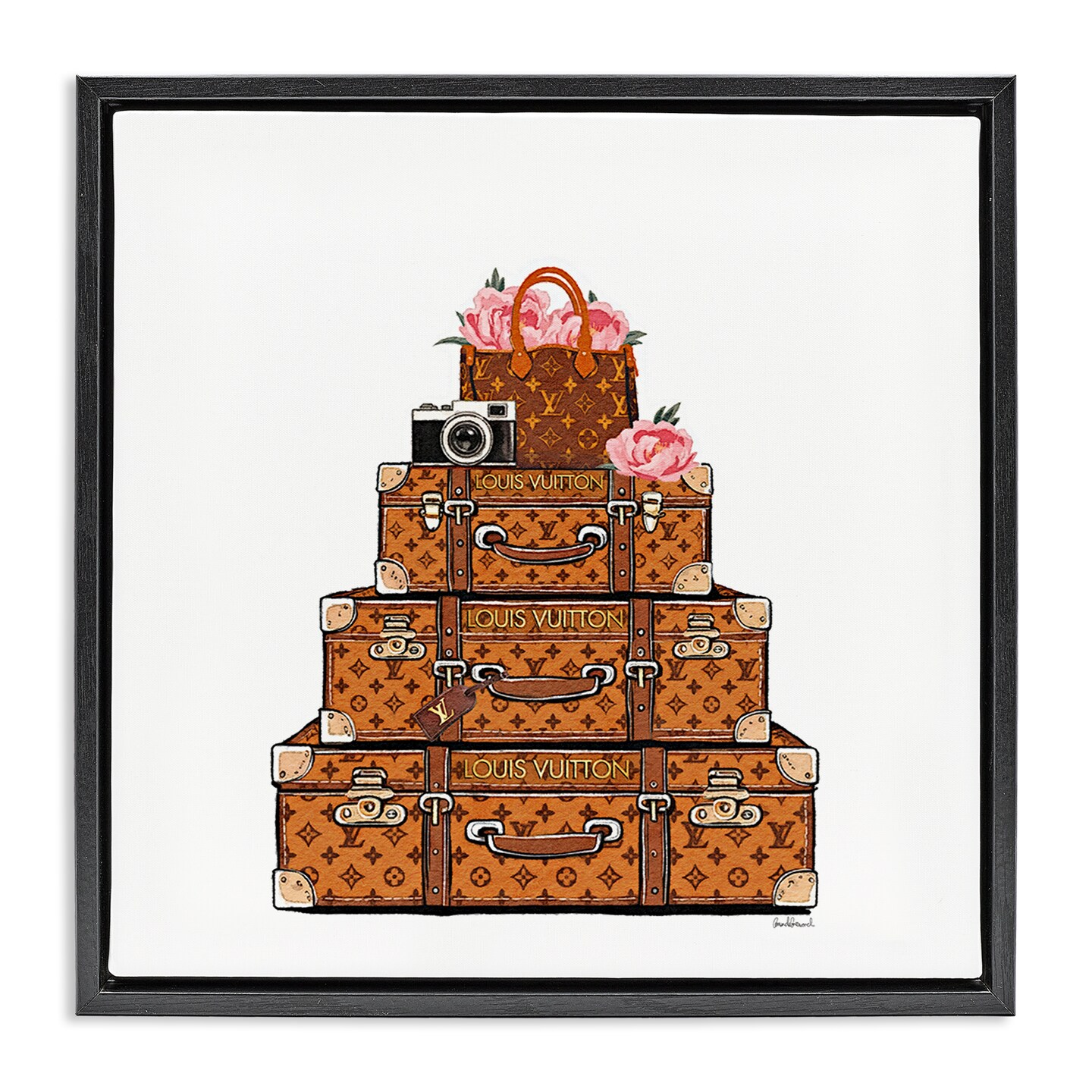 Stupell Industries Stacked Luggage with Floral Handbag Floating Frame, design by Amanda Greenwood