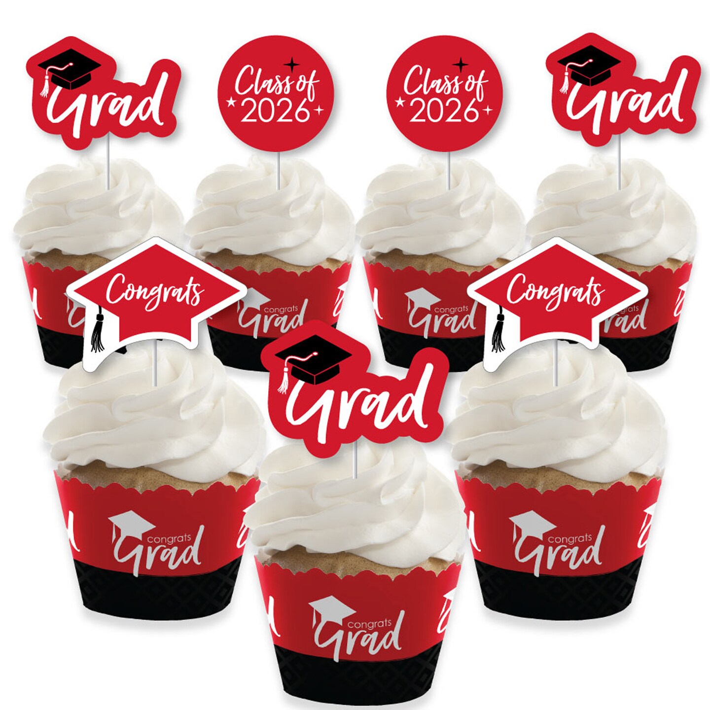 Big Dot of Happiness 2026 Red Graduation Cupcake Decoration - Party Cupcake Wrappers and Treat Picks Kit - Set of 24