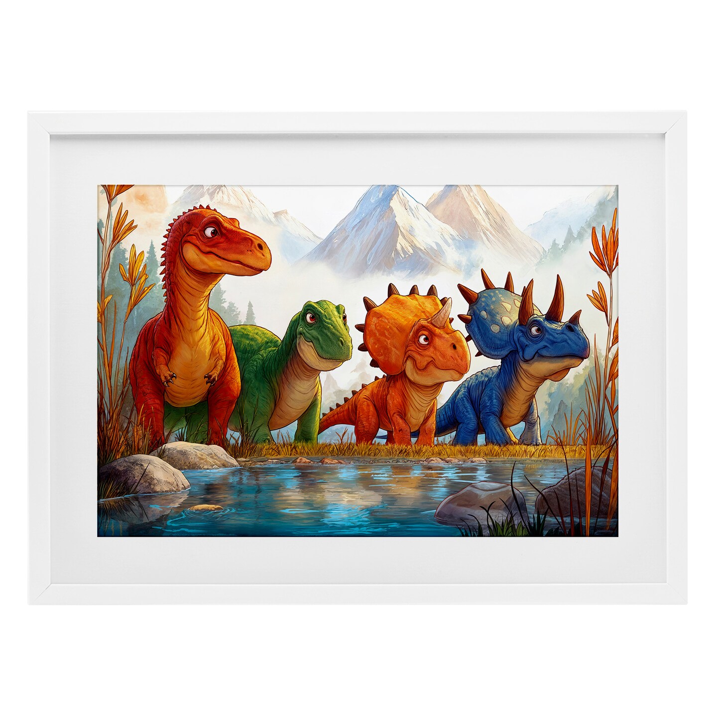 Stupell Industries Four Dinos By The Pond Framed Print Under Glass, design by Wumples