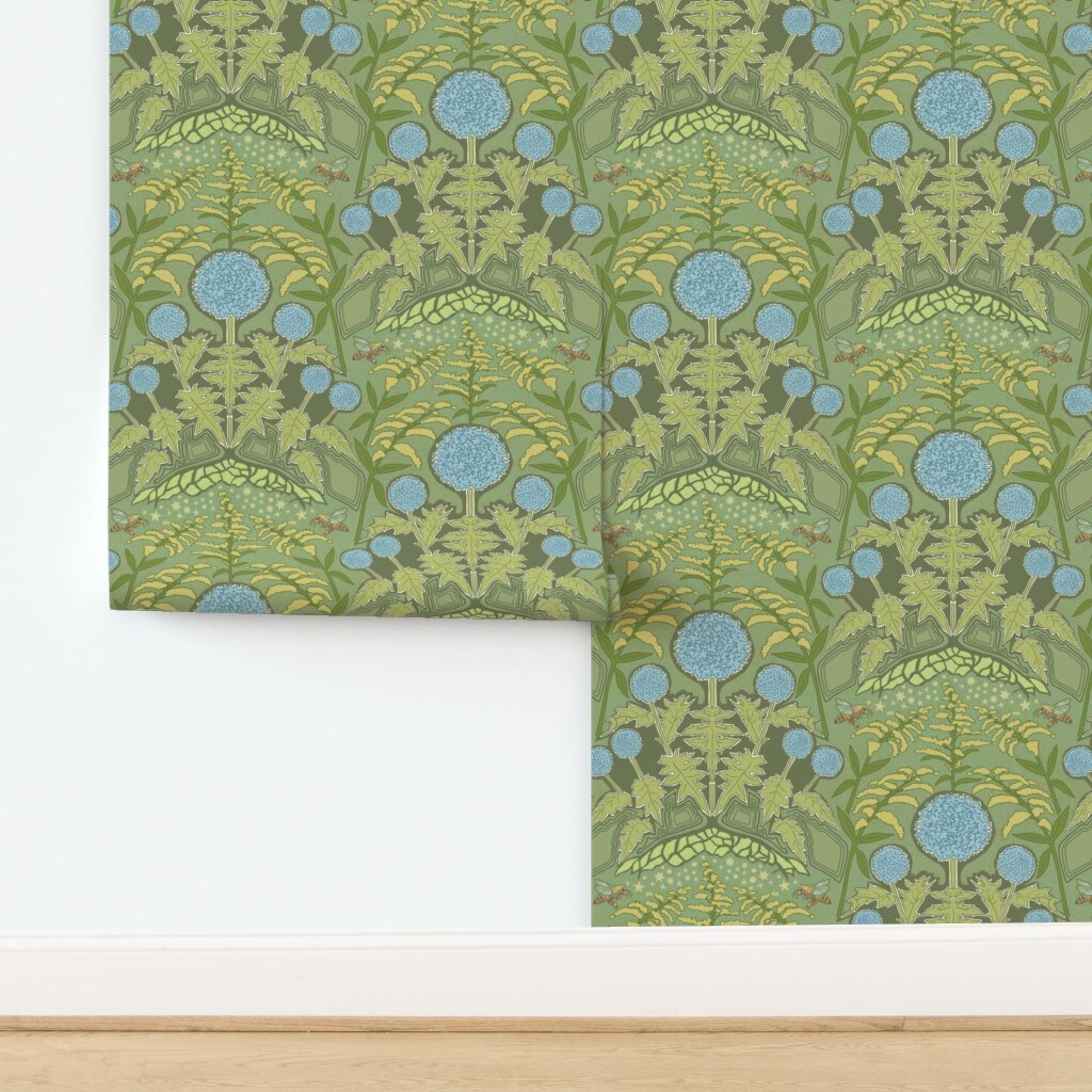Art Nouveau Ornate Victorian Flower Garden Floral Botanical Blue Green Gold Honeybees Custom Removable Wallpaper by Spoonflower Peel & Stick Wallpaper 2FT Wide