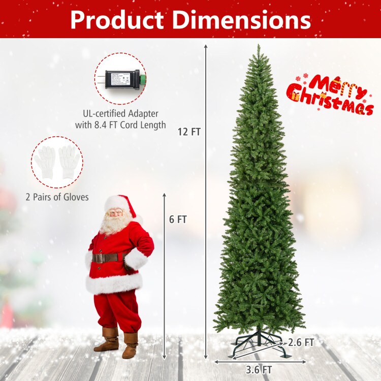 Slim 12 Ft Artificial Pre-Lit Xmas Tree with 2840 Branch Tips and 1000 LED Lights Foldable Metal Base