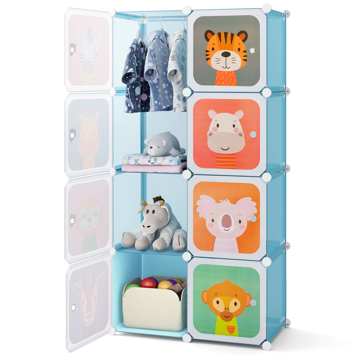 Kids Storage Cubes with Hanging Rod 6-Cube Organizer with Animal Doors for Toys and Clothes