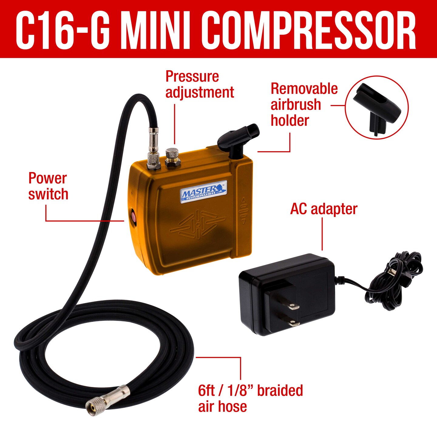 Master Airbrush Multi-Purpose Air Brush Kit with Mini C16-G Air Compressor, Airbrush & ARC Card - Portable Airbrush Kit with Compressor for Nail Art, Miniature Painting Model Cars & Crafts