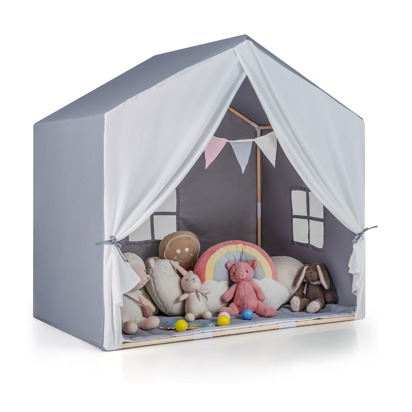 Grey Pine Wood Kids Play Tent with Fabric Mat, Windows and Flag Banner