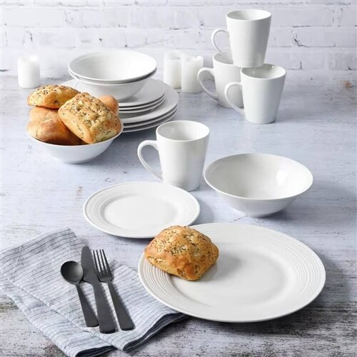 White Porcelain Ceramic 16 Piece Round Rim Dinnerware Set Plates Bowls Mugs Microwave Safe