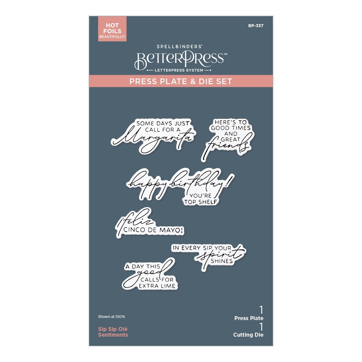 Spellbinders BetterPress Plate & Die Set-Happier Hour, Sip Sip Ole' Sentiments