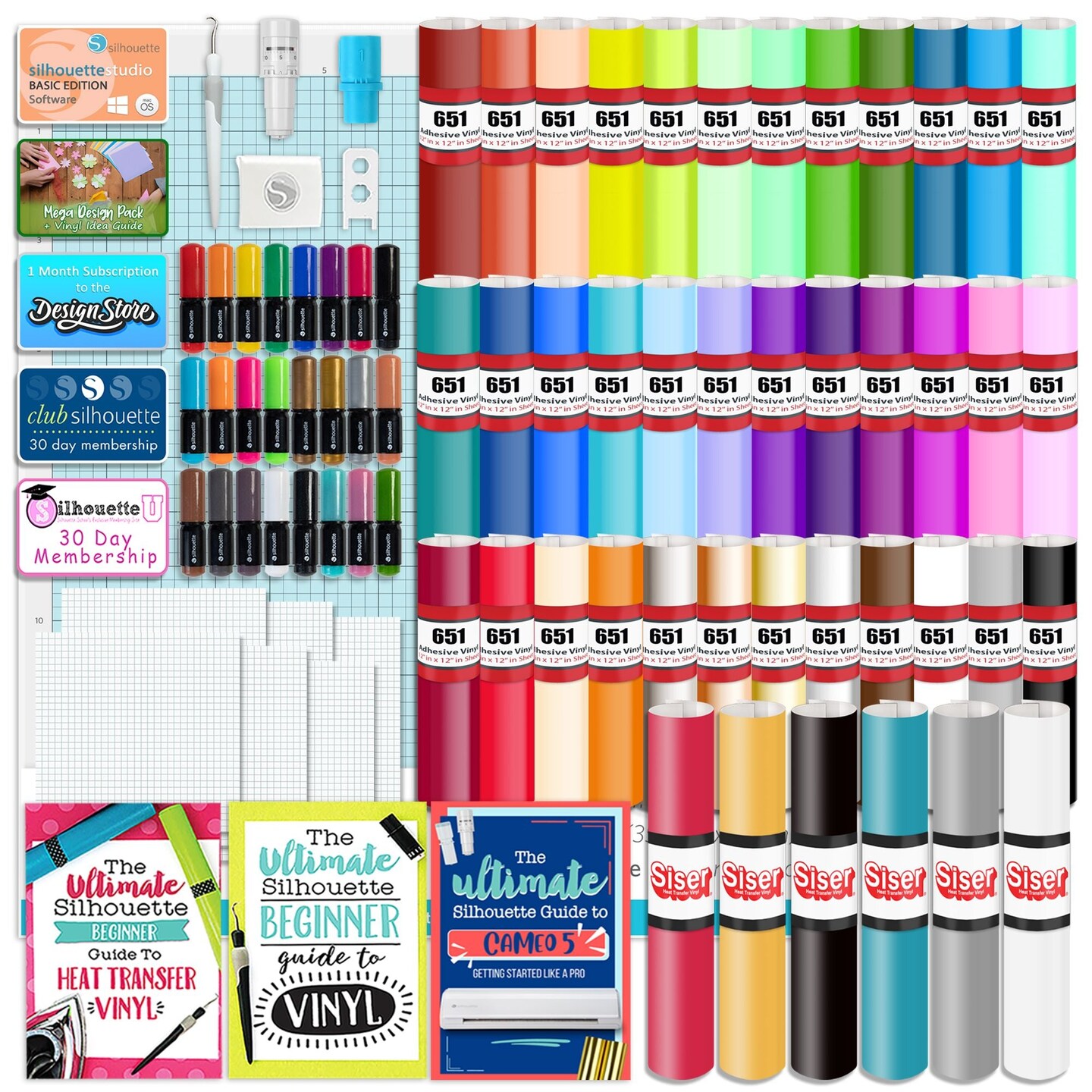 Silhouette White Cameo 5α Alpha w/ 38 Oracal Sheets, Siser HTV, Guides, 24 Pens