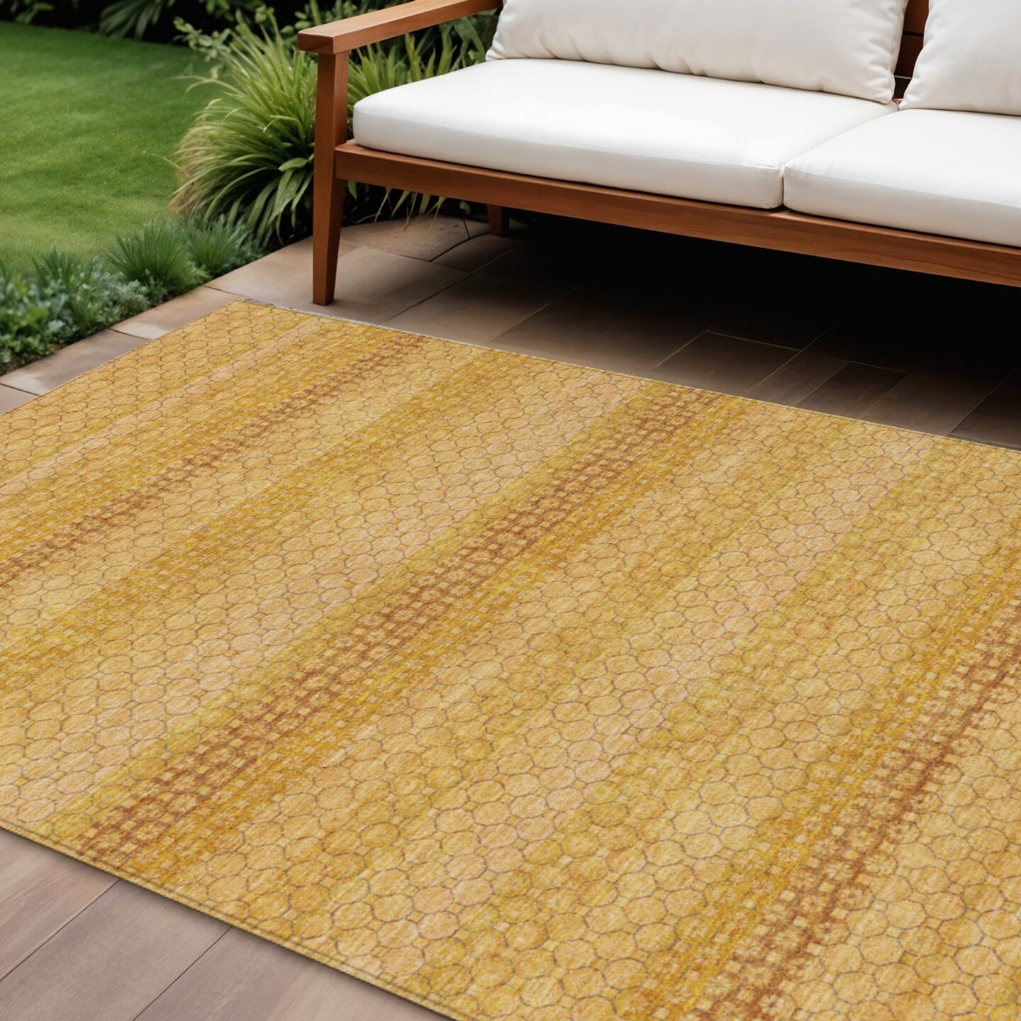Edge Collections - 9' x 12' - Gold - Striped Washable Indoor Outdoor Area Rug - 1 Piece
