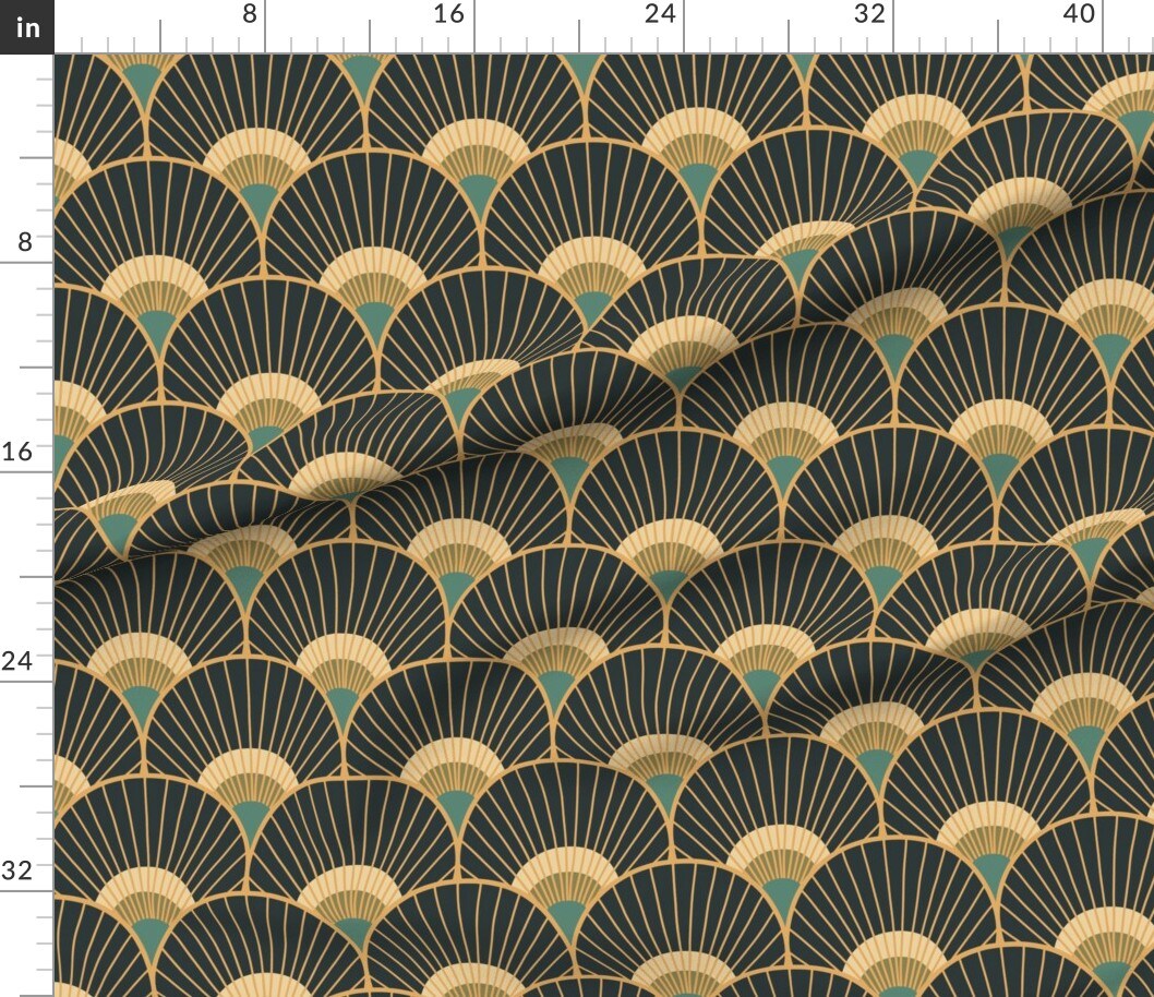 1920s Deco Fans Vintage Gold Teal Scallop Glamorous Luxurious Egyptian Geometric Custom Printed Fabric by Spoonflower Various Fabrics by the Yard or Fat Quarter