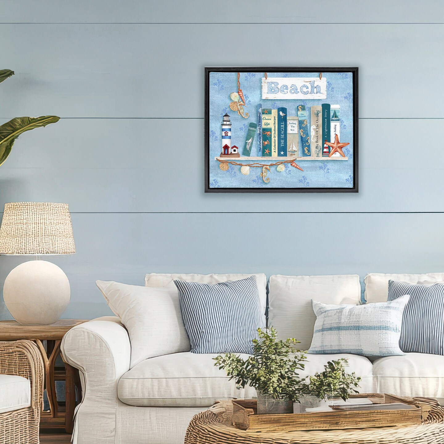 Stupell Industries Beachy Book Shelf Panel Black Framed Floater Canvas Wall Art, design by Emma Leach