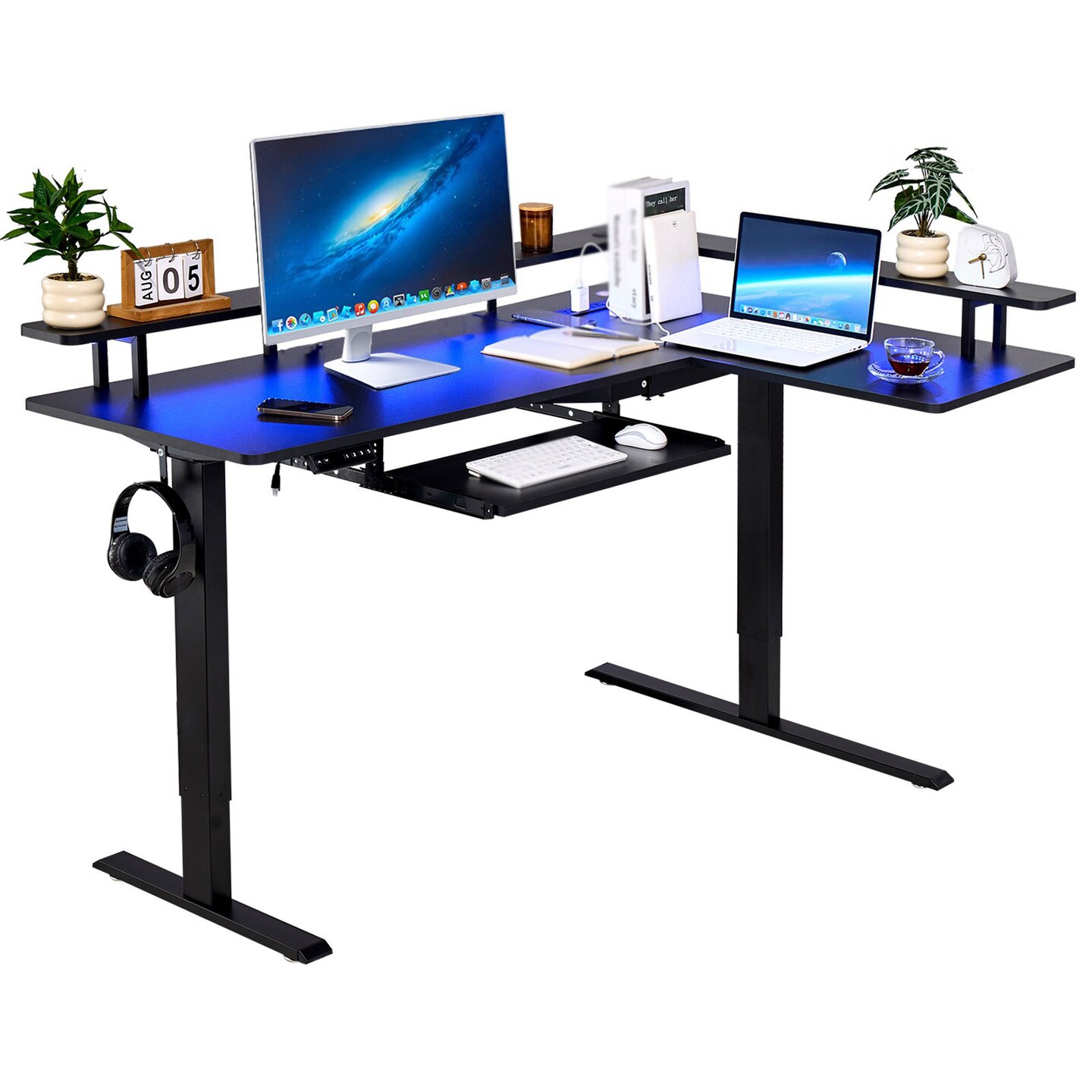 L-Shaped Electric Height Adjustable Gaming Desk with Keyboard Tray