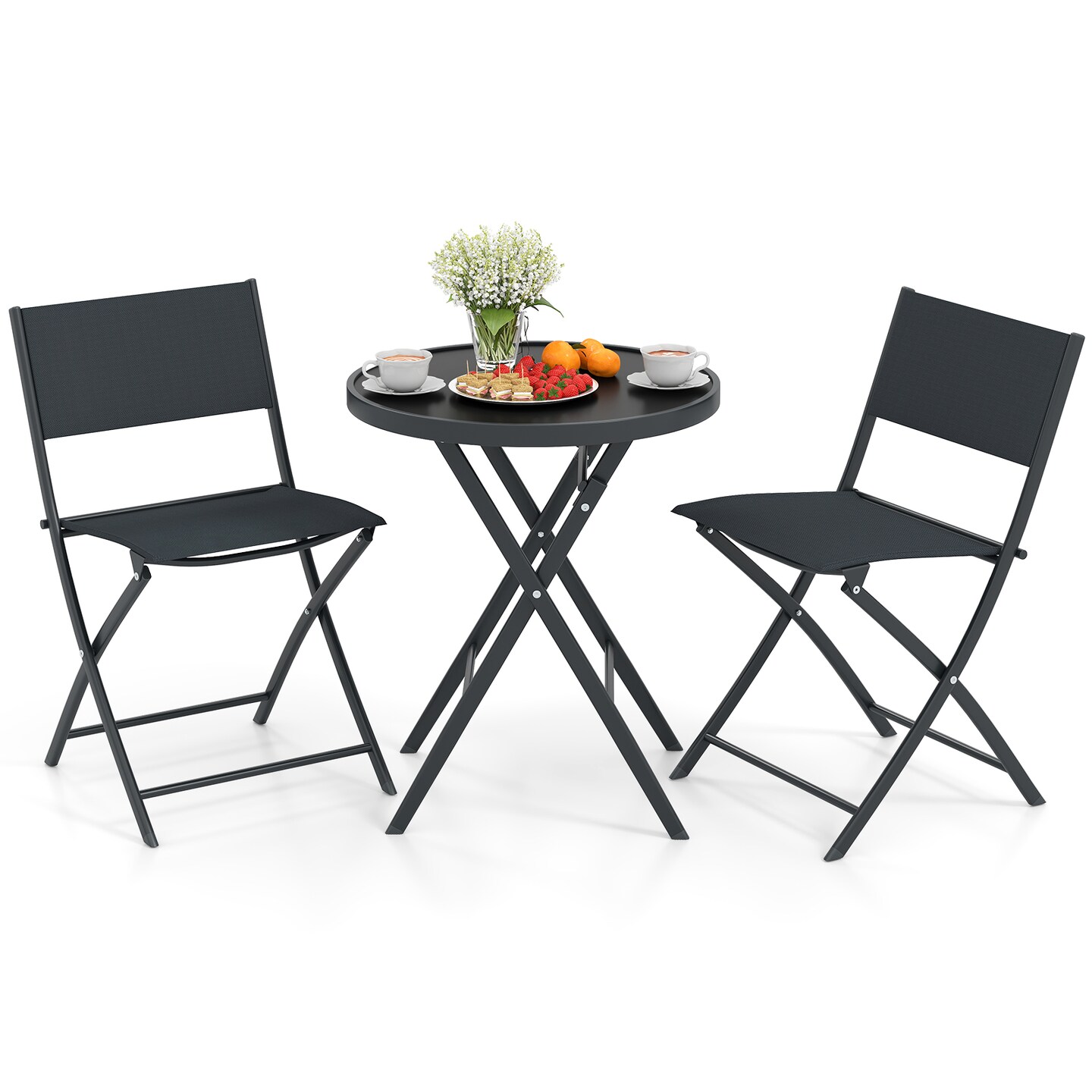 3 Piece Folding Patio Bistro Set with Tempered Glass Table and 2 Chairs Outdoor Dining Furniture Black