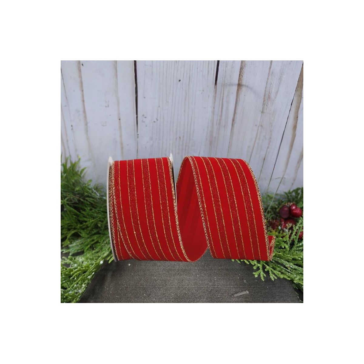 2.5&#x22; Glitter Stripe Velvet Ribbon: Red/Gold (10 Yards)