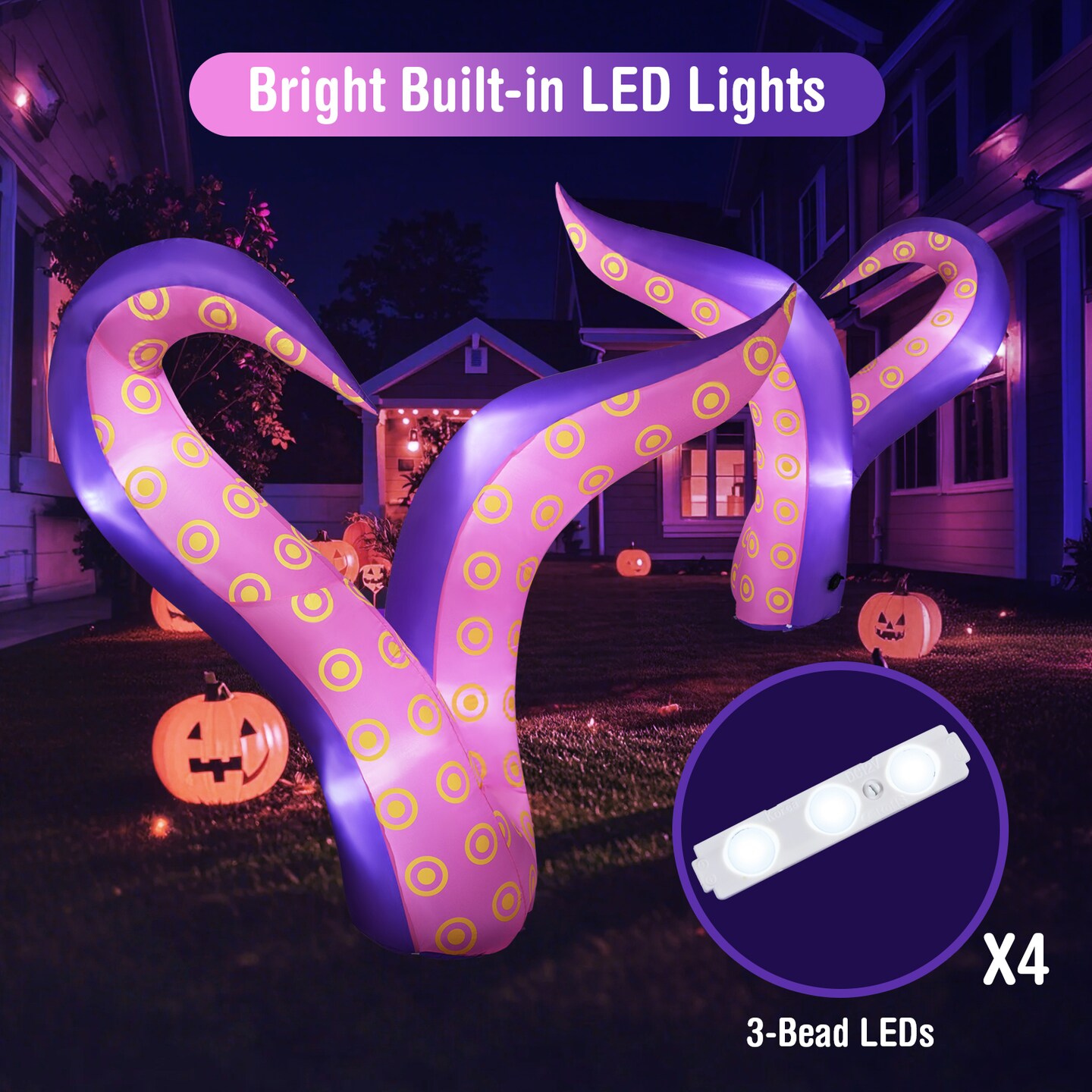 Pink-Blue LED Inflatable Halloween Tentacles with Glowing Lights &#x2013; 6.5 ft