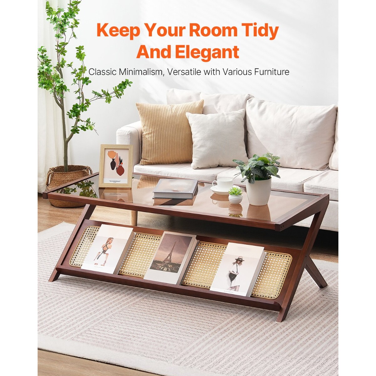 47-Inch Z-Shaped Rattan Woven Coffee End Table with Removable Glass Top Suitable for Any Small Space