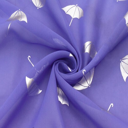 Purple/Silver Metallic Umbrella Foil Printed Chiffon Fabric By the Yard