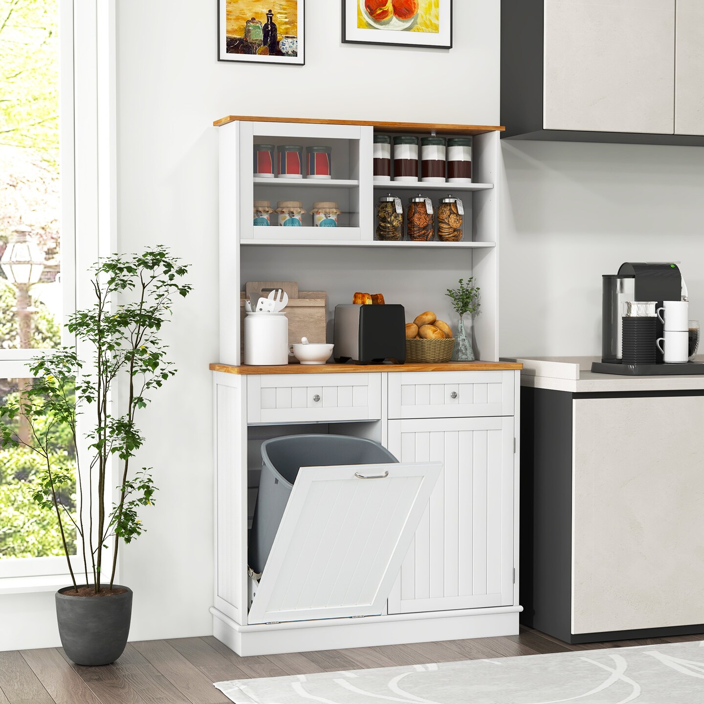 White-Natural MDF Rubber Wood Kitchen Cabinet with Tempered Glass