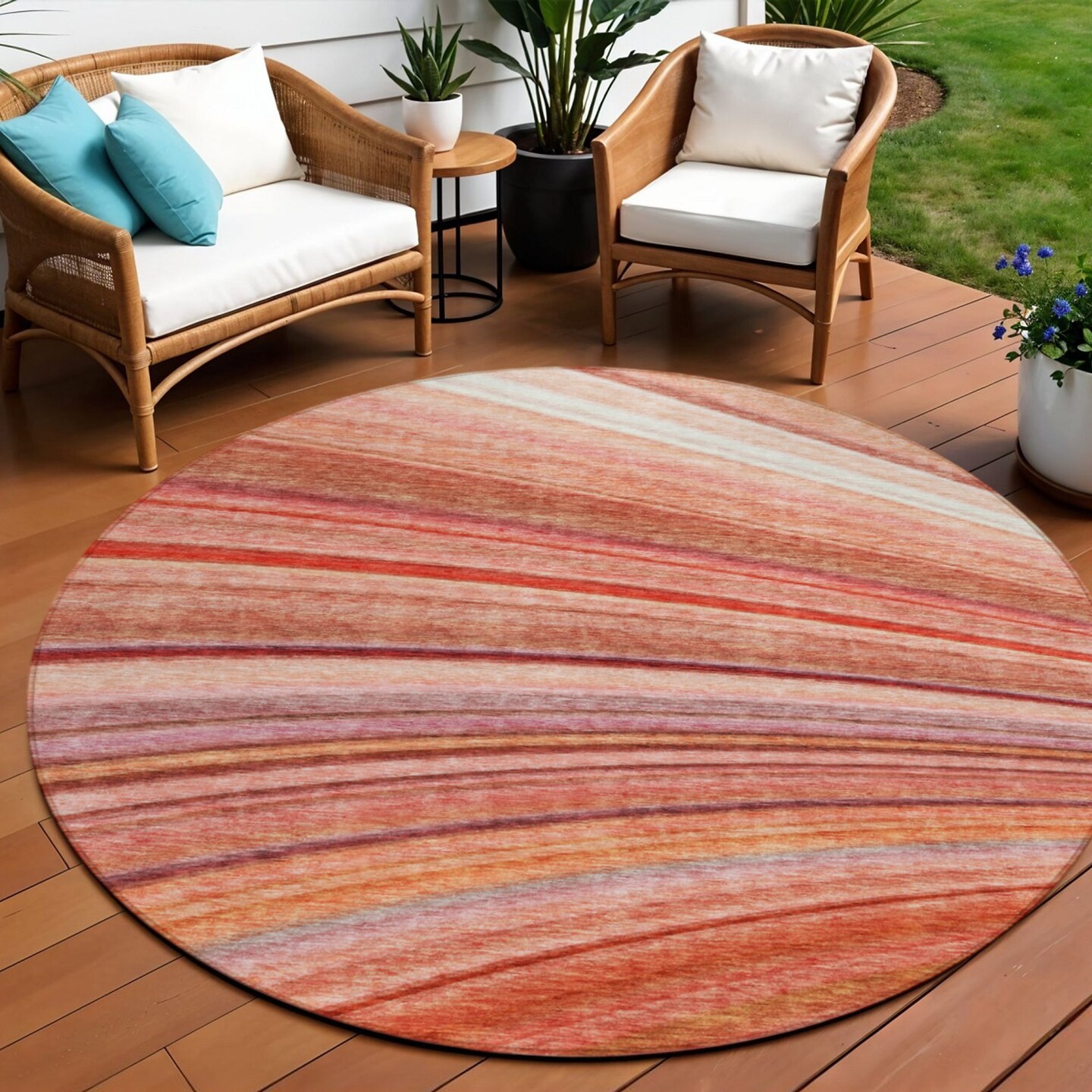 Edge Collections - 8' - Orange - Round Striped Washable Area Rug for Indoor and Outdoor Use - 1 Piece