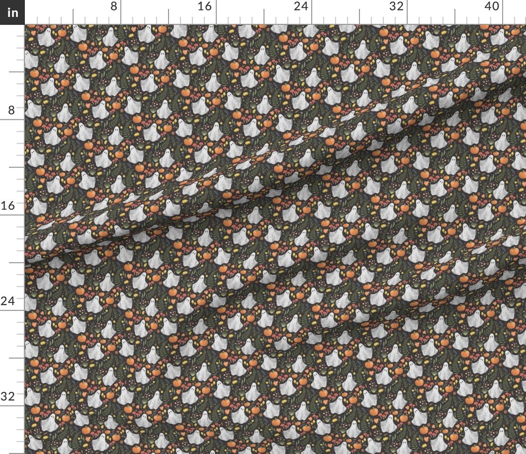 Fall Halloween Spooky Pumpkins Ghosts Woodland Leaves.Mushrooms Cottagecore Custom Printed Fabric by Spoonflower Various Fabrics by the Yard or Fat Quarter
