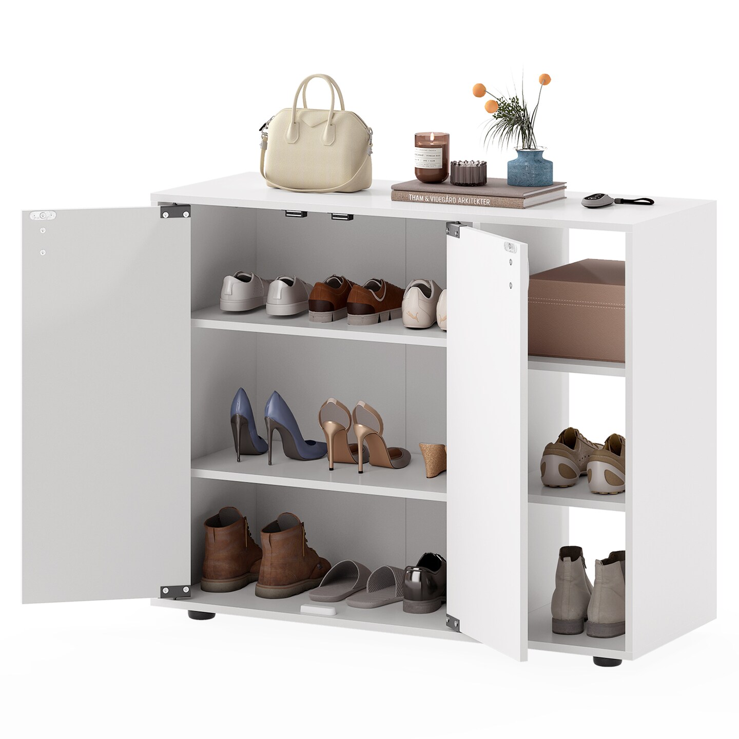 Wooden Shoe Cabinet Entryway Storage Organizer with Adjustable Shelves Double Door Shoe Rack