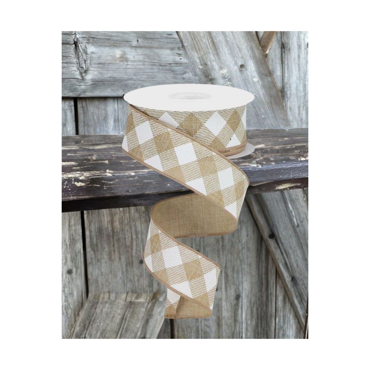1.5&#x22; Diagonal Check On Royal Ribbon: Tan &#x26; White (10 Yards)