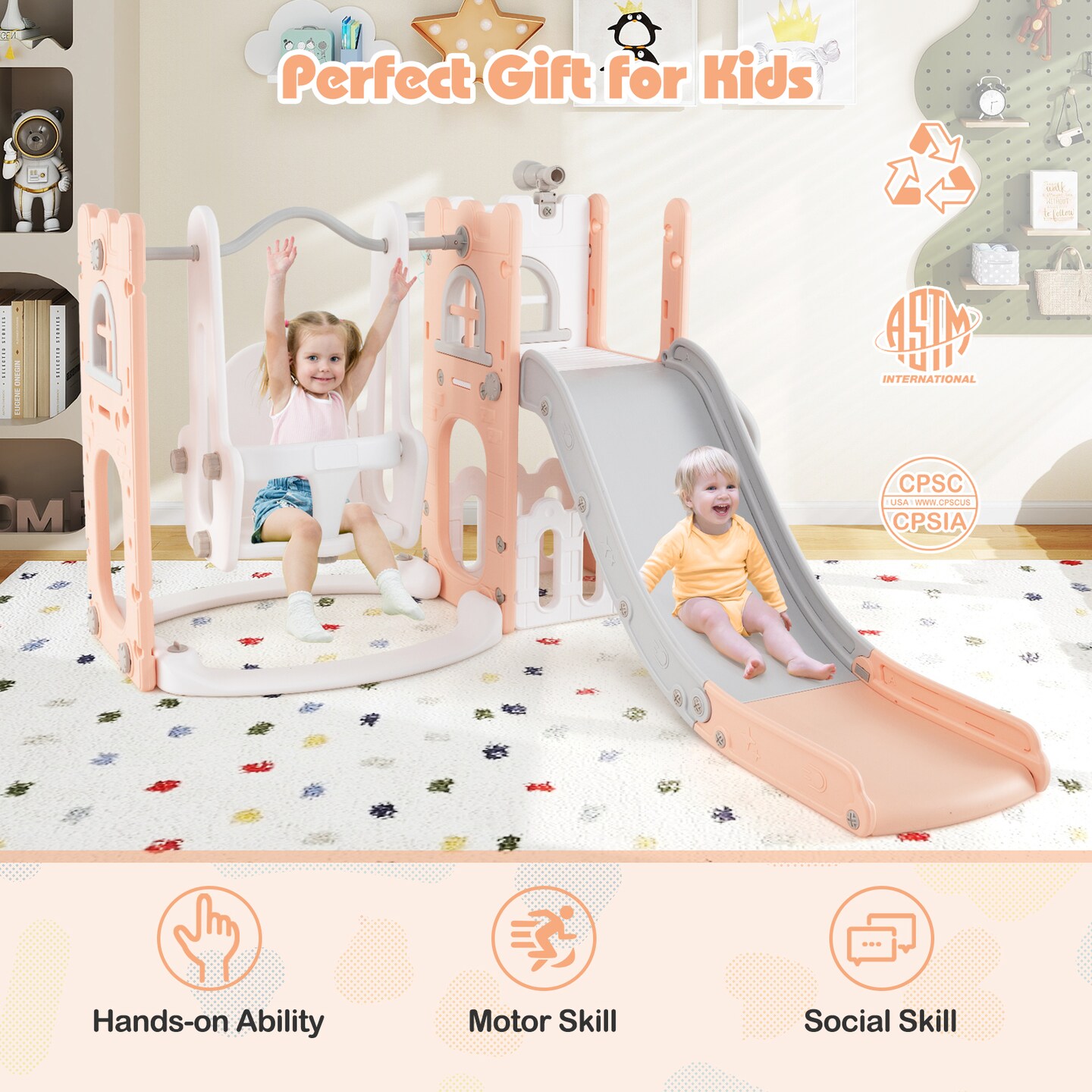 7-in-1 Toddler Swing and Slide Set L-Shaped with Basketball Hoop