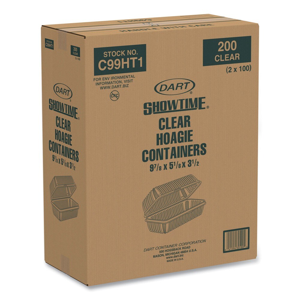 Dart Showtime 5.1 in. x 9.9 in. x 3.5 in. 29.9 oz. Hinged Plastic Hoagie Containers - Clear (200/Carton)