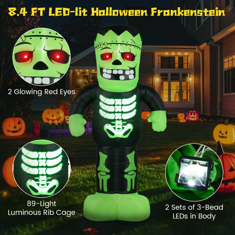 Green-Black LED Inflatable Frankenstein with Glowing Eyes and Rib Cage – 8.4 ft