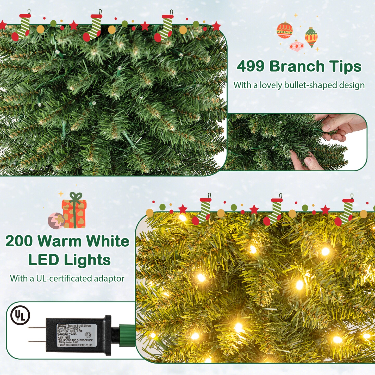 Green PVC Metal Slim Pencil Christmas Tree with LED Lights