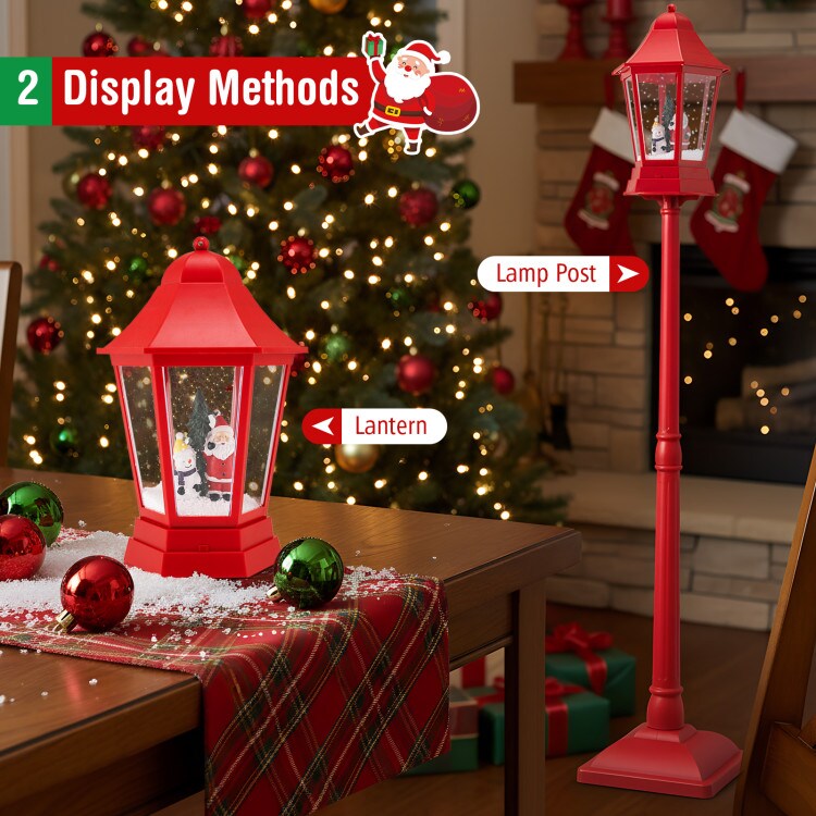 Red LED Christmas Street Lamp with Snow Globe Lantern and Santa Snowman Scene, Music