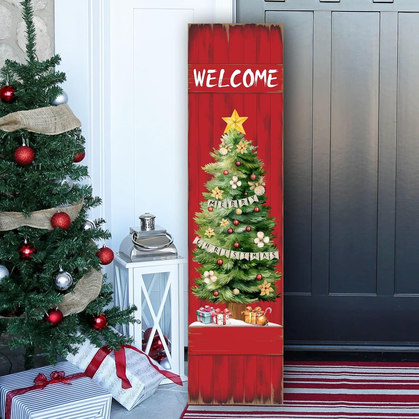 Merry Christmas Porch Sign for Front Door, Xmas Wooden Welcome Sign with Christmas Tree for Front Porch Decorations, Winter Garden Decor Outdoor Hanging Signs Wall Sign 31.5"H