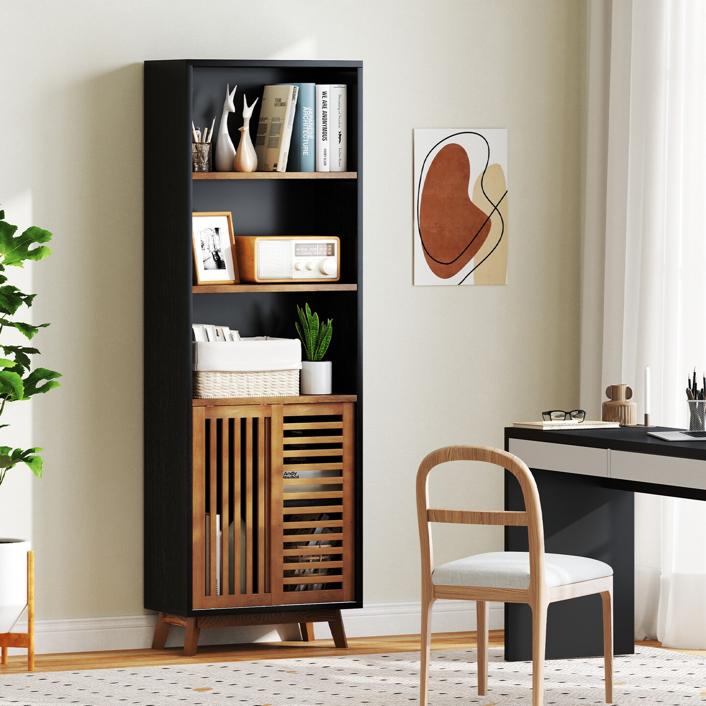 Black-Walnut 5-Tier Bookshelf with Solid Wood, MDF and Aluminum Alloy