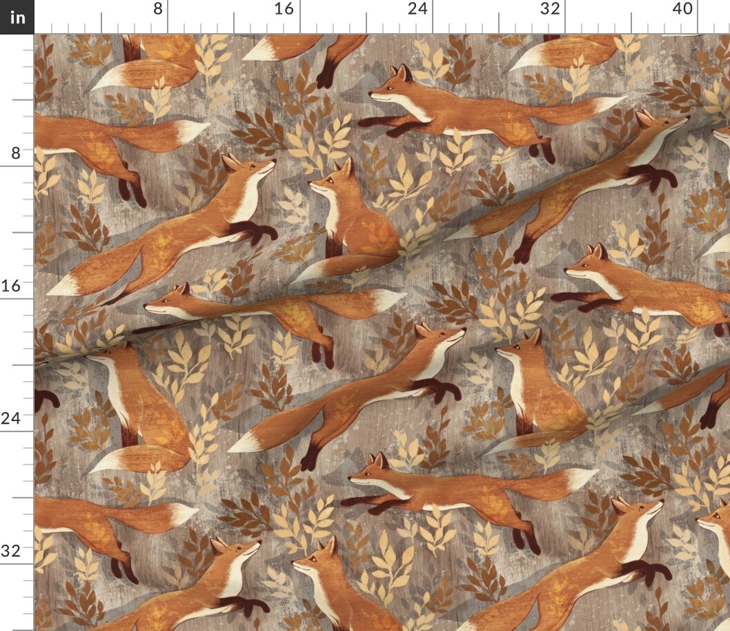 Woodland Animals Leaves Nature Autumn Forest Woods Fox Cottagecore Cabincore Rustic Whimsical Wood Texture Woodgrain Farmhouse Foxes Botanical Custom Printed Fabric by Spoonflower Various Fabrics by the Yard or Fat Quarter
