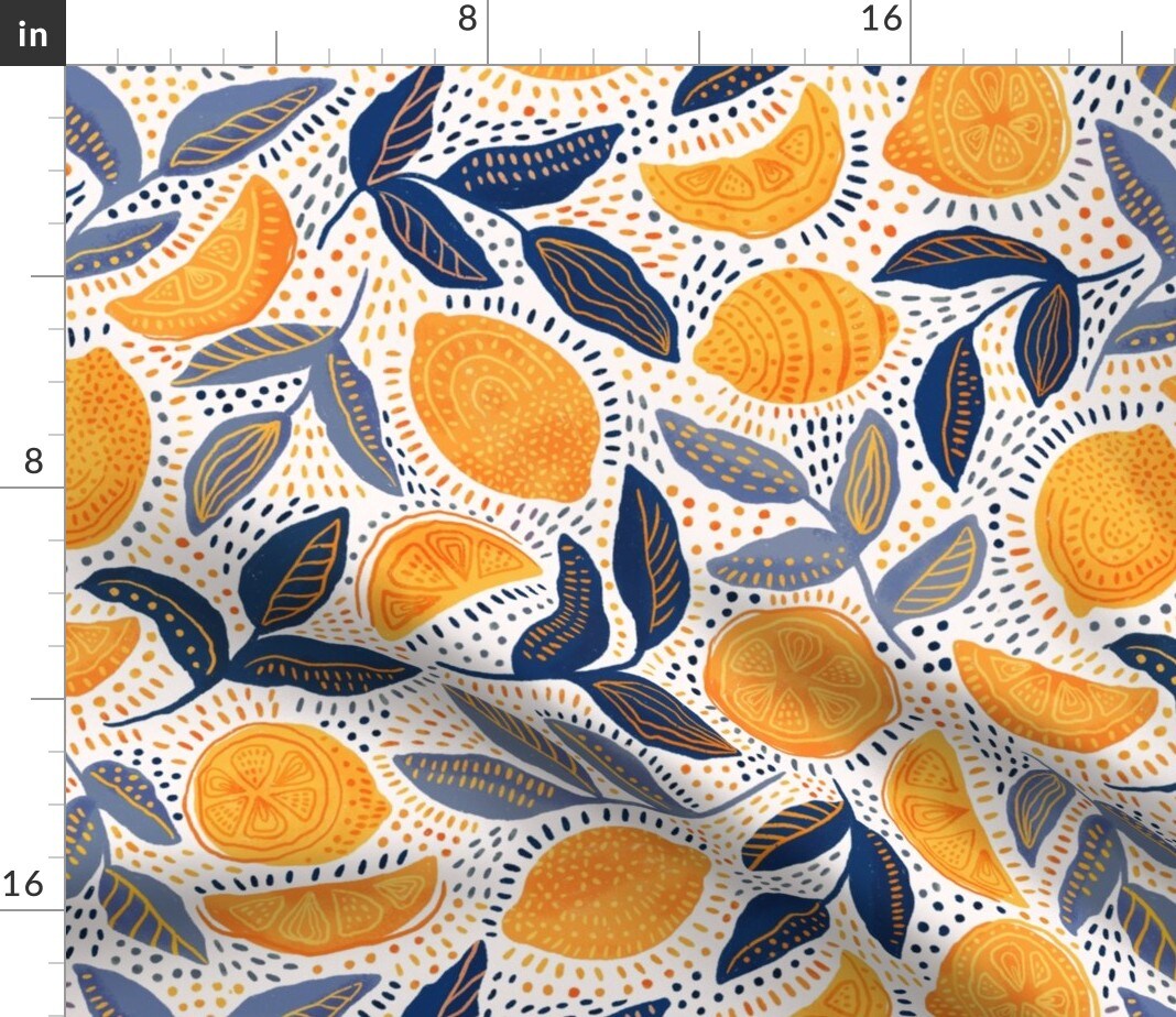 Lemon Botanical Folk Art Style Vintage Look Yellow Citrus Leaves Floral Nature Fruit Summer Tropical Custom Printed Fabric by Spoonflower Various Fabrics by the Yard or Fat Quarter