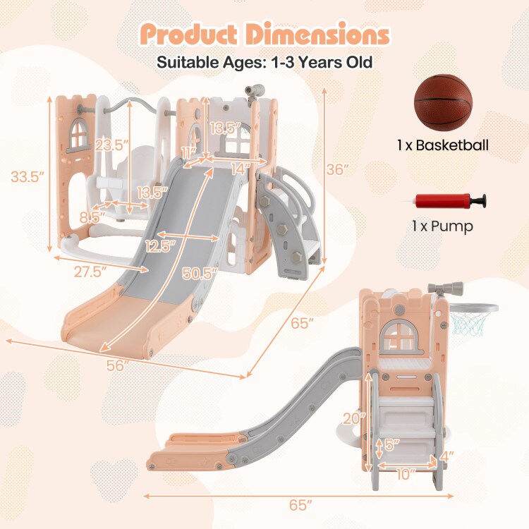 7-in-1 Toddler Swing and Slide Set L-Shaped with Basketball Hoop