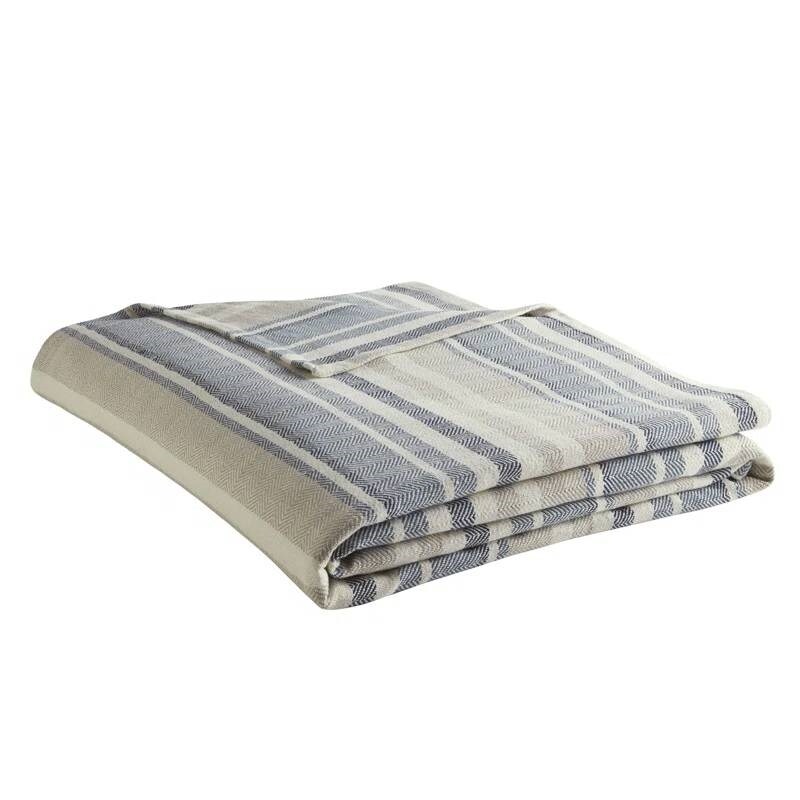 Navy Blue Tan Cream Chevron Stripe Cotton Blanket Lightweight Knitted Throw for Adults and Teens
