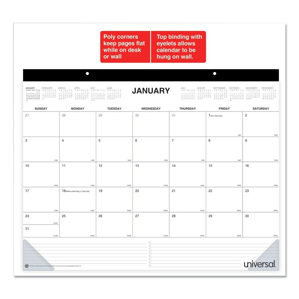 Universal 22 in. x 17 in. 12-Month (Jan-Dec 2026) Desk Pad Calendar - White Sheets/Black Binding/Clear Corners