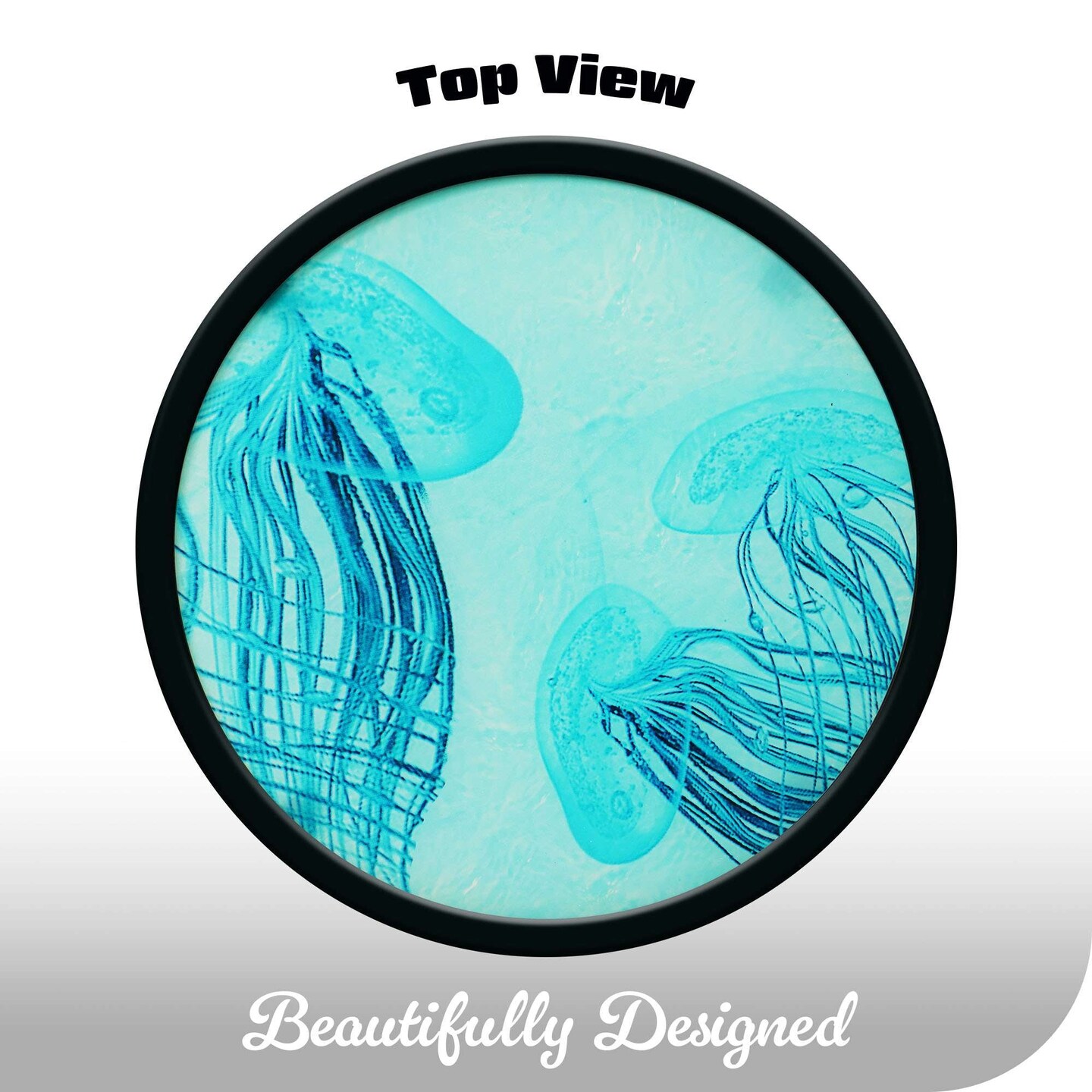 G128 14 in Round Glass Outdoor Side Table Jellyfish Ocean Pattern | Decorative Plant Stand, Small End Table for Garden Patio Porch Living Room