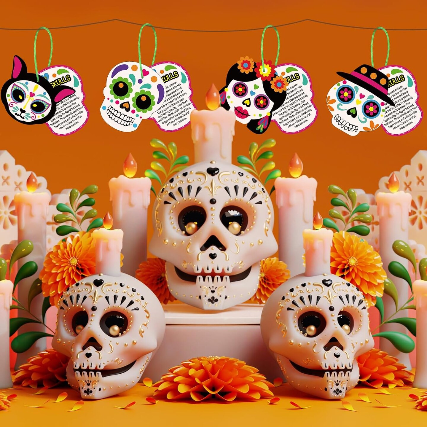 30 Sets Day of The Dead Sugar Skull Craft Kit Dia De Los Muertos Hanging Sign Ornament with Rope Make Your Own Sugar Skull Craft for Halloween Mexican Party Home Decorations Supplies