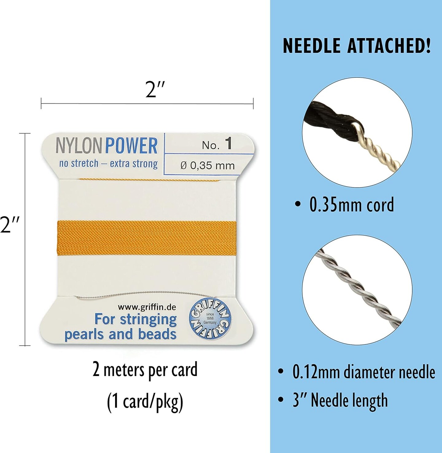 Griffin Nylon Bead Cord Perlseide – Size 1 (0.35mm) – 2 Meters per Card – Stainless Steel Needle Attached – for Knotting Pearls, Gemstones, Crystals and Beads