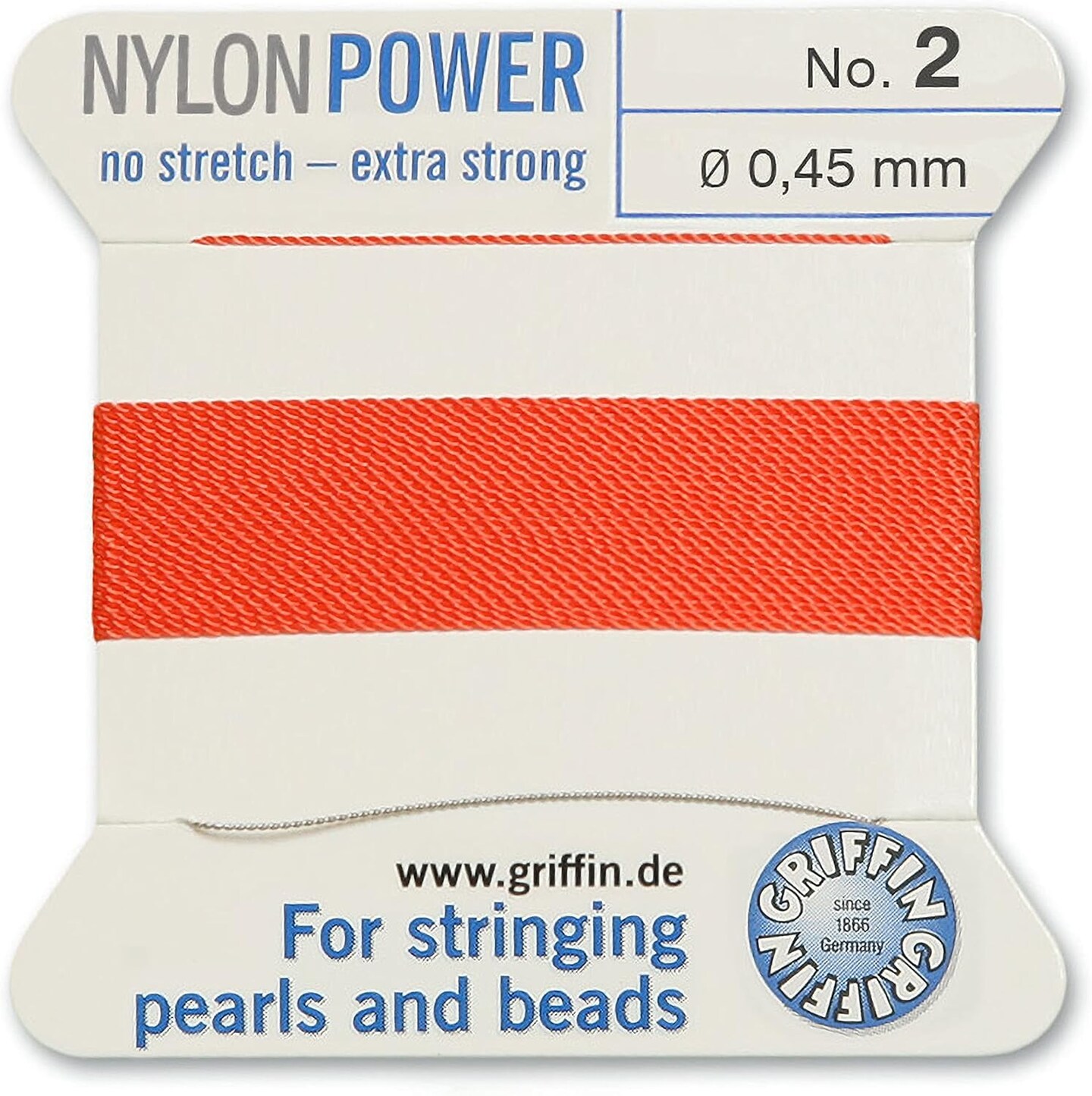 Griffin Nylon Bead Cord Perlseide – Size 2 (0.45mm) – 2 Meters per Card – Stainless Steel Needle Attached – for Knotting Pearls, Gemstones, Crystals and Beads