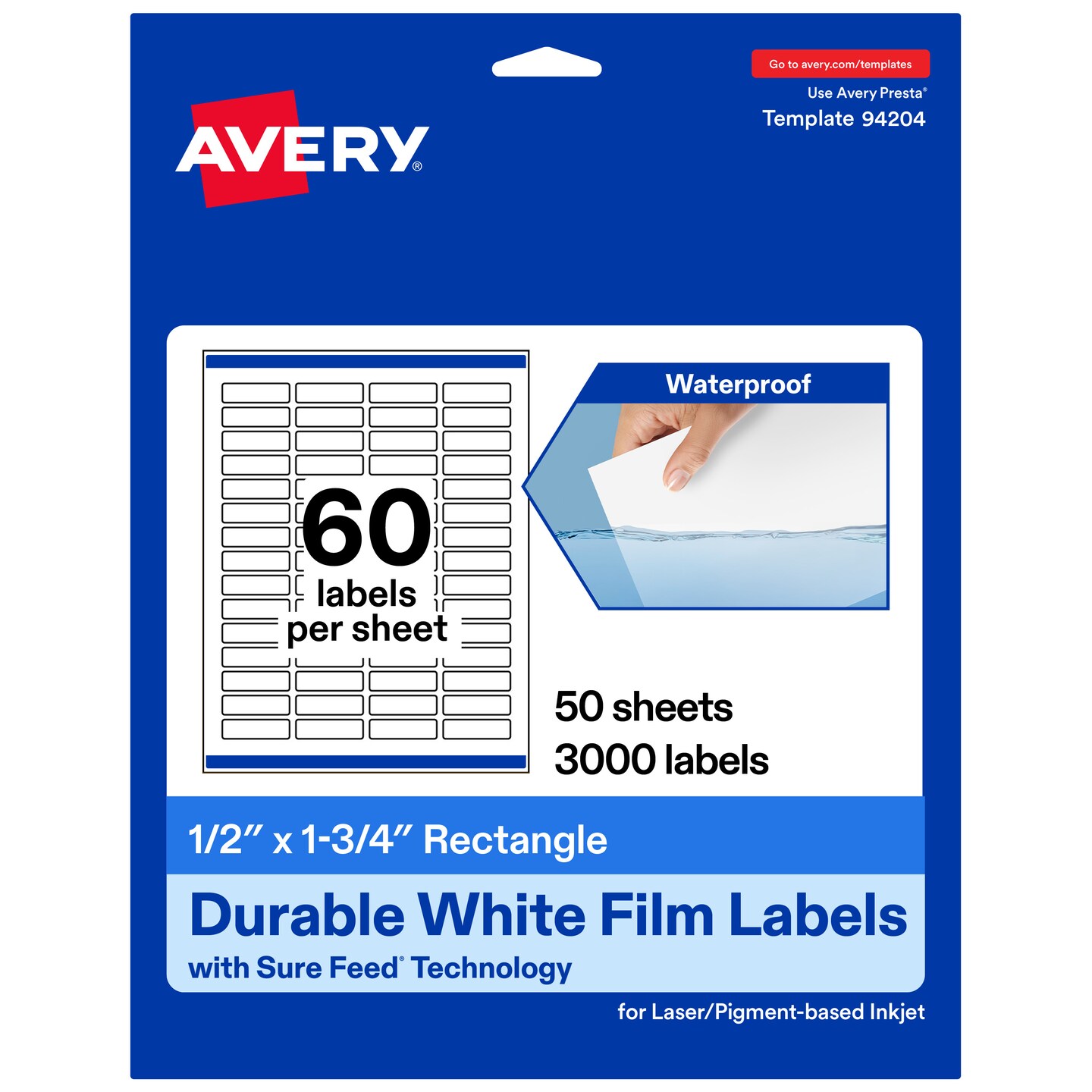Avery Durable Waterproof Rectangle Labels with Sure Feed, .5" x 1.75"