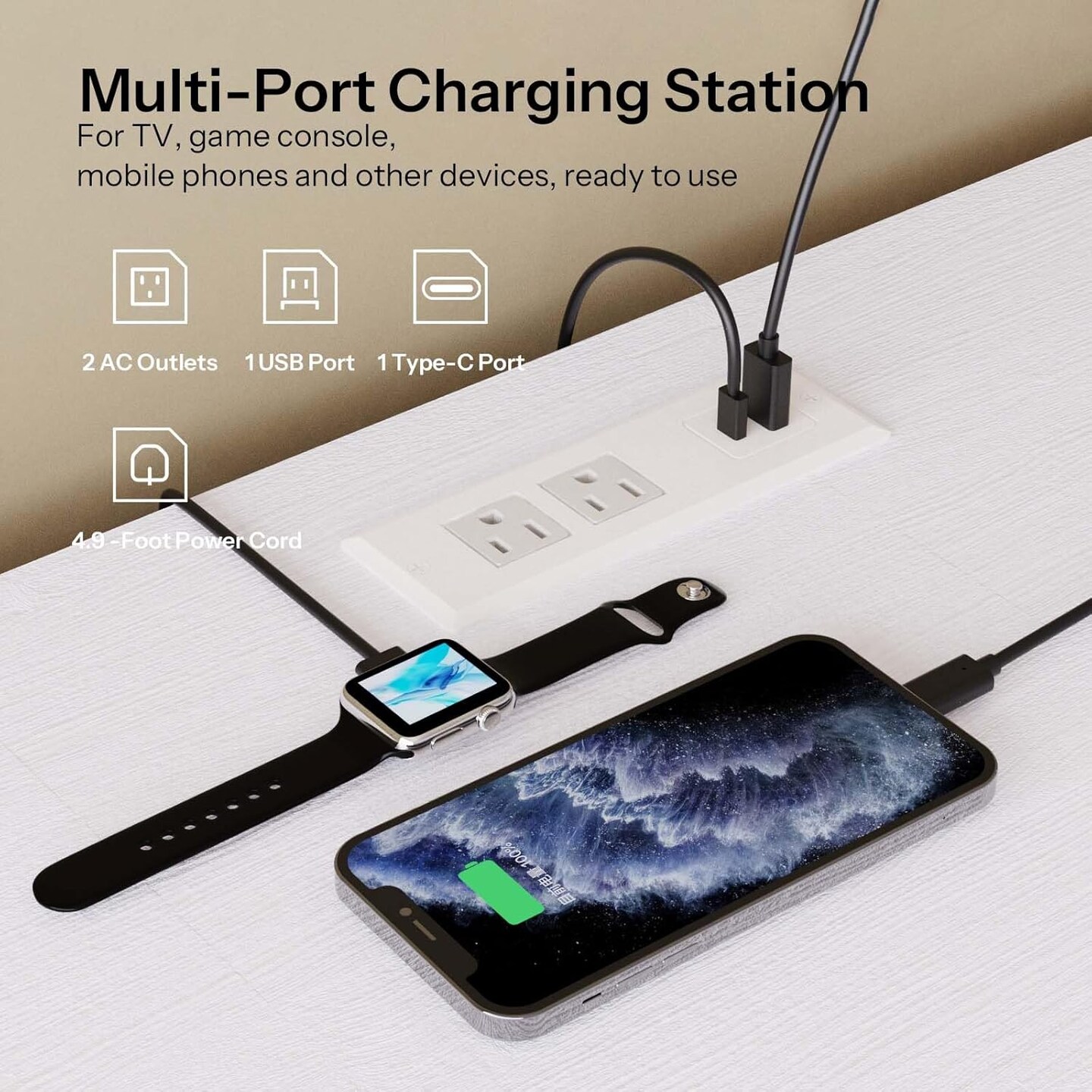 White-Gold Engineered Wood TV Stand with Fluted Design and LED Ports