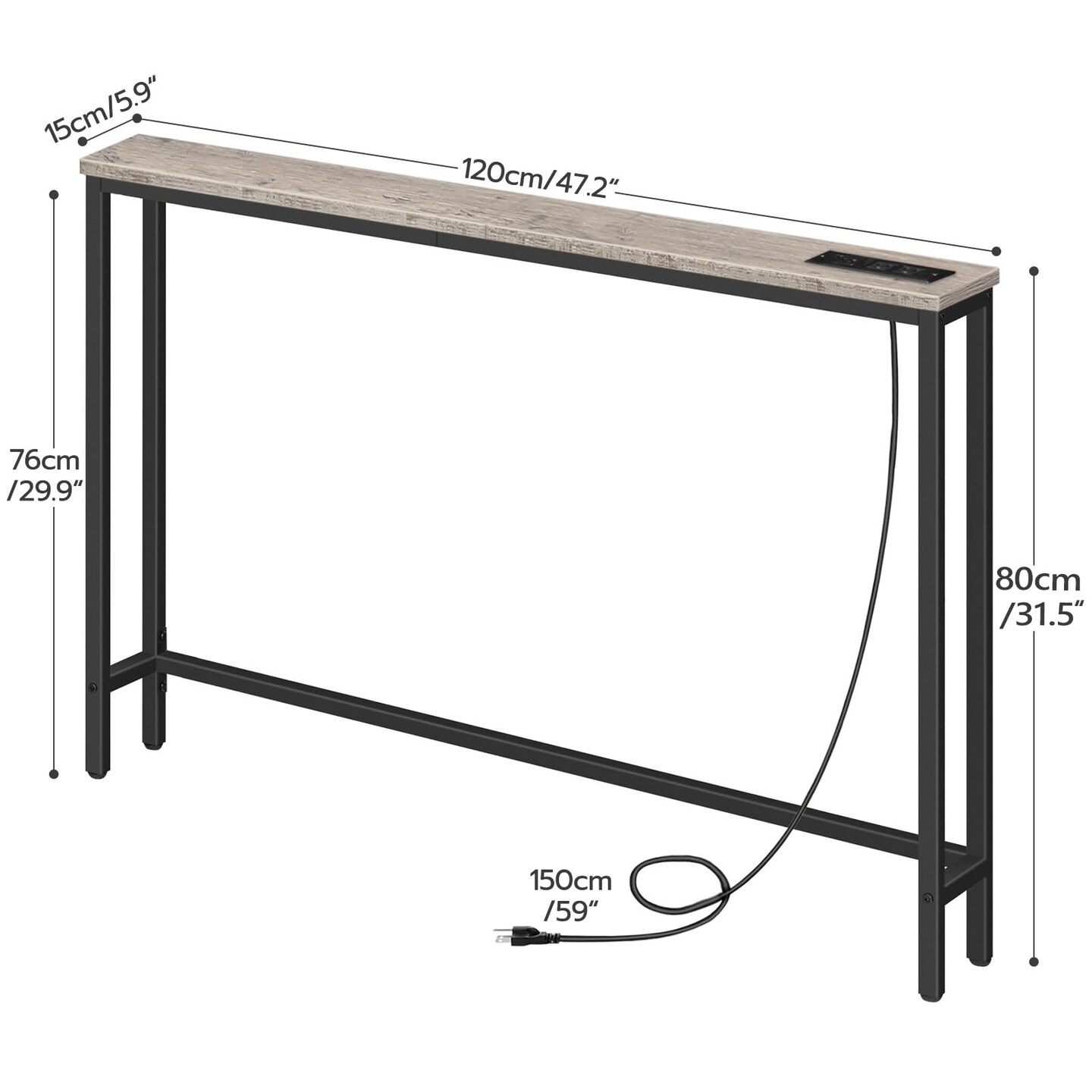 Greige Metal Console Table with Slim Design and Built-In Charging Station