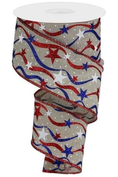 2.5&#x22; Stars and Wavy Stripes Royal Canvas Ribbon: Natural (10 Yards)