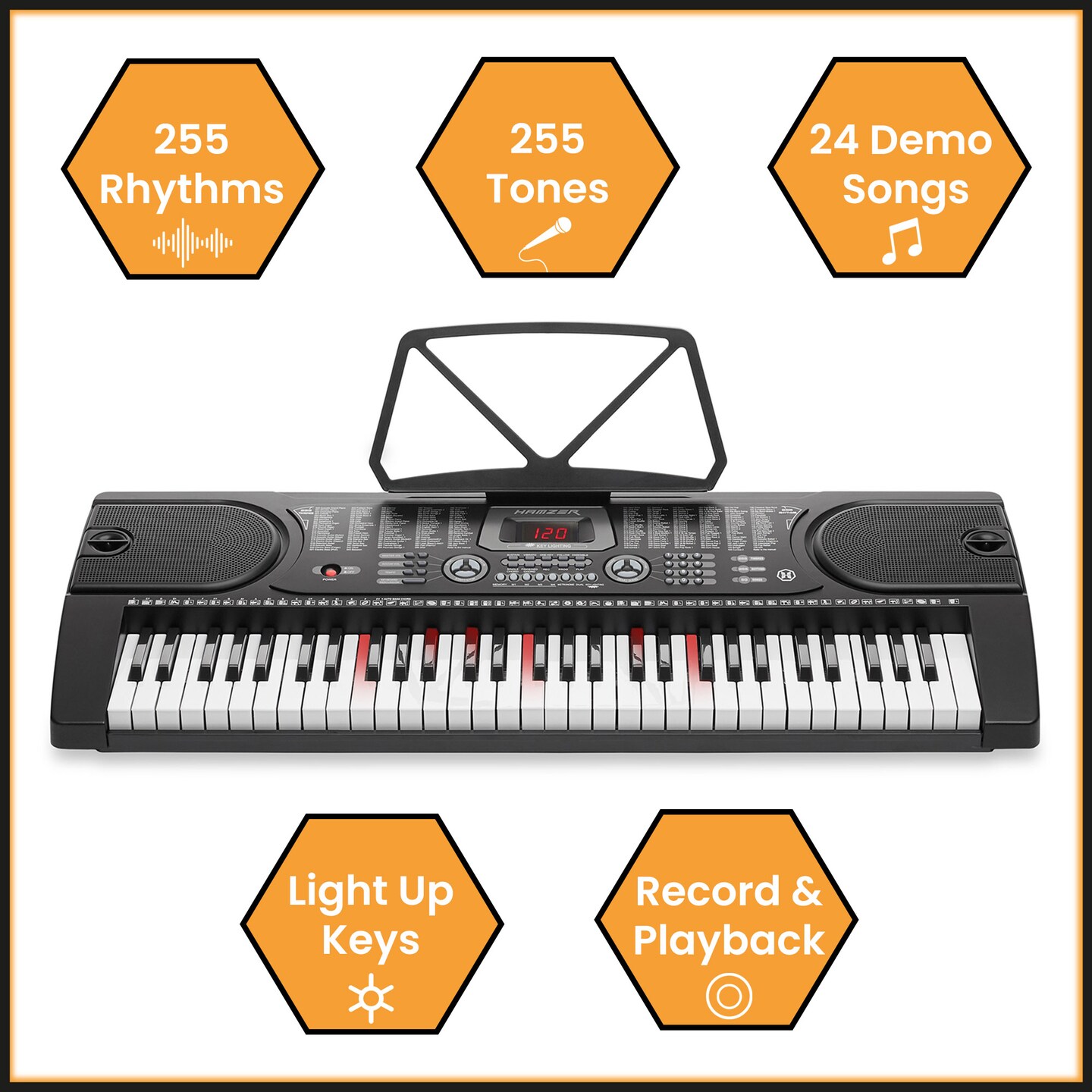 Hamzer 61 Key Keyboard Piano with Lighted Keys, Beginner Electronic Piano Keyboard Set with Stand, Bench, Headphones, Microphone, Keynote Stickers