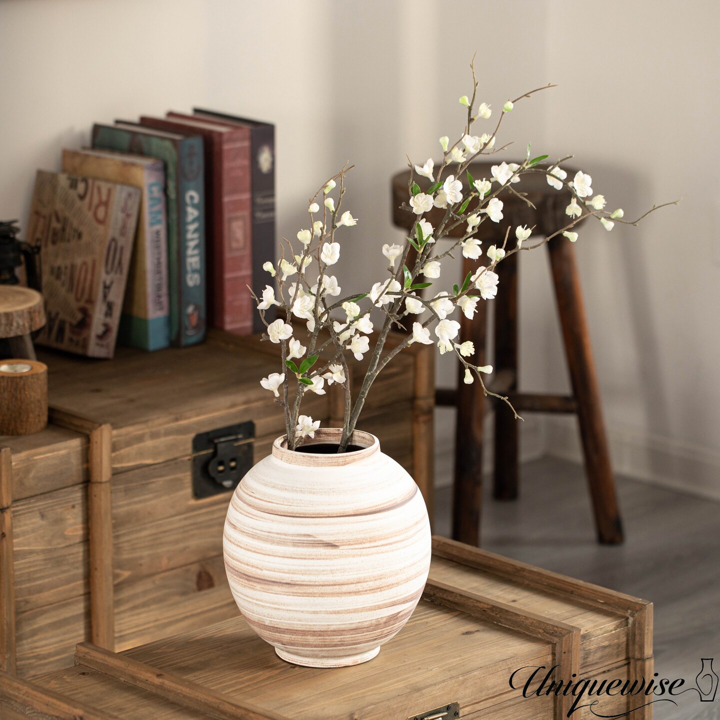 Uniquewise Ceramic Stripe Vase Vintage Boho Decorative Piece for Pampas Grass Ideal for Living Room Coffee Table Mantle Shelf and Centerpieces Modern Farmhouse Decor & Occassion Gift, White