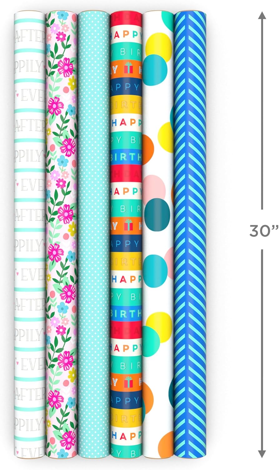 Wrapping Paper Rolls for Graduation, Birthday Set of 6 Assorted Rolls