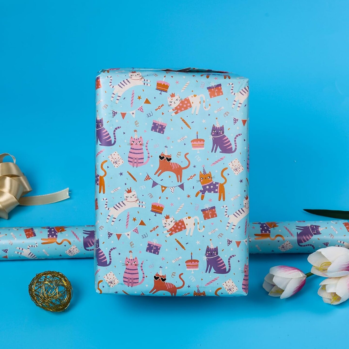 Cat Wrapping Paper Mini Roll – 17” x 10 ft, Blue Kitten Pattern for Kids’ Birthdays, Parties, Baby Showers & Cat Lovers (Blue Cats)